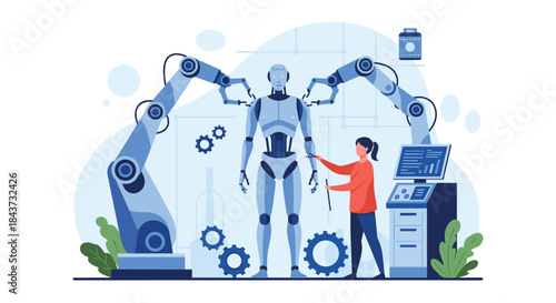 A female engineer working on a computer to control robotic arms that are assembling or creating a humanoid robot.