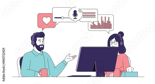 A man and a woman with headphones recording a podcast or radio show, with various media icons in speech bubbles above.