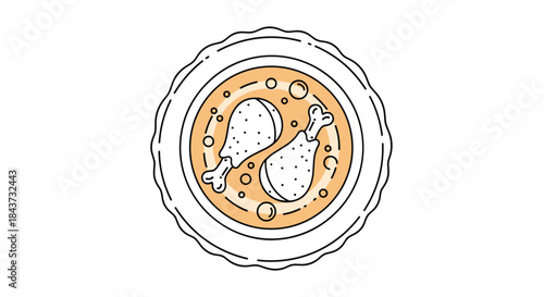 A top-down view of a bowl of chicken soup or stew with two drumsticks, illustrated in a simple line art style.