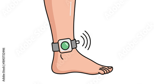 A tracking device or ankle monitor with a flashing light worn on a person's ankle for parole or house arrest.