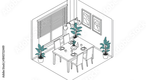 An isometric line drawing of a modern dining room with a set table, chairs, houseplants, and artistic wall frames.