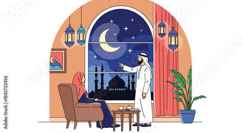 A Muslim couple at home looking out a large arched window at a beautiful night sky with a crescent moon over a mosque.