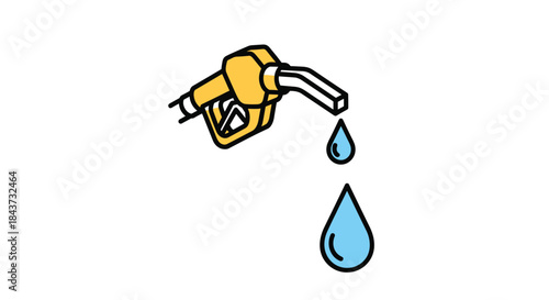 A simple cartoon drawing of a yellow gas pump nozzle with blue drops of fuel dripping from it, representing energy.