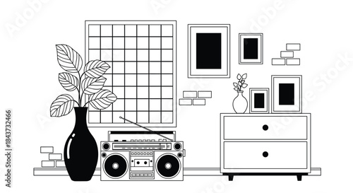 A black and white line drawing of a retro room interior with a boombox, a plant, and a dresser with picture frames.