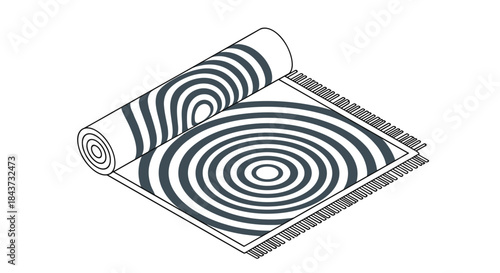 An isometric line drawing of a partially unrolled rug with a bold, black and white hypnotic concentric circle pattern.