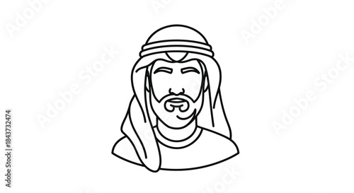 A simple black and white line art portrait of a man wearing a traditional Arabic keffiyeh and agal head covering.