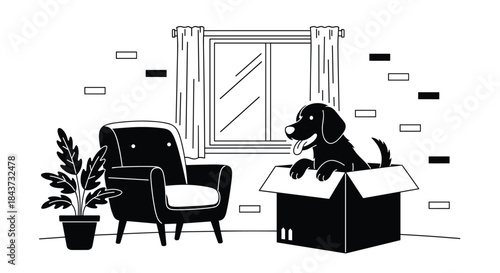 A happy dog inside a cardboard box in a room, illustrated in a stark black and white or silhouette art style.