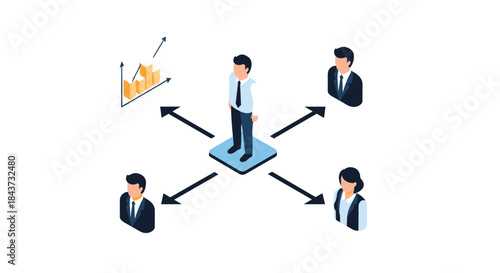 An isometric business concept of a manager delegating tasks and responsibilities to a team of employees for growth.
