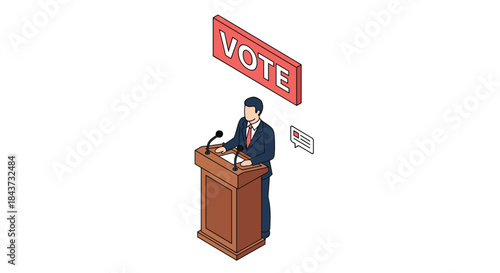 An isometric illustration of a politician or candidate giving a speech at a podium with a 'VOTE' sign above him.