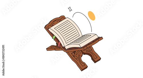 An open Quran on a wooden bookstand (rehal), representing Islamic faith, study, and spiritual reading during Ramadan.