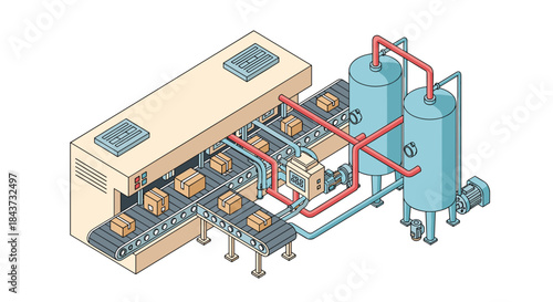 Isometric illustration of an automated factory production line with conveyor belts carrying boxes and industrial processing tanks.
