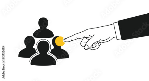 Minimalist concept of recruitment and hiring with a large business hand selecting a single candidate from a group of people icons.