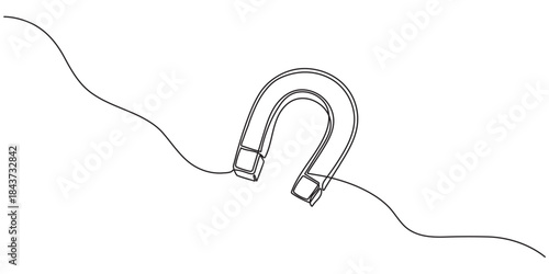 One continuous line drawing of magnet. Client and talent attraction concept in simple linear style. Symbol of hiring and recruiting in Editable stroke of white background. Doodle vector illustration.
