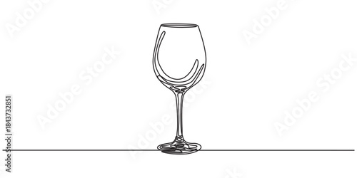 One line Drawing or illustration of wine glass, The wine glass cheers is drawn in one line style. Printable wall art, Continuous line drawing of wine glass. Wine glass linear icon. One line drawing.
