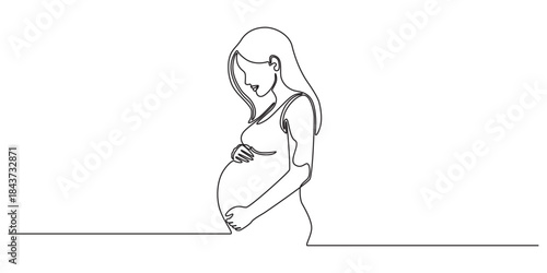 Beautiful pregnant Woman in one continuous line drawing. Healthy pregnancy and birth baby symbol in simple linear style. Concept for Happy Mother day banner. Editable stroke. Vector illustration