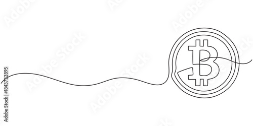 Continuous line drawing of bitcoin cryptocurrency silhouette. Blockchain, finance and banking technology concept drawn by one line, Bitcoin coin, cryptocurrency one line art, money, finance, financial