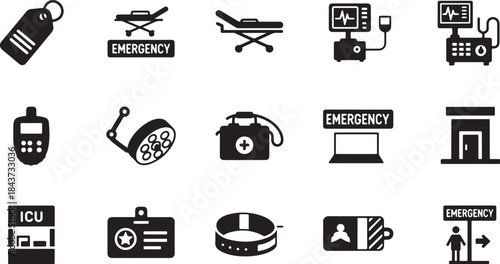 Black and White Silhouette Vector Icon Set of Emergency Medical Services, Trauma Care, Hospital Equipment, and Critical Care Unit