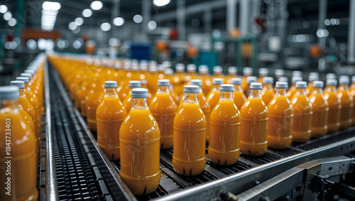 Orange juice bottles conveyor belt factory industrial fresh bright liquid machinery equipment production line generative AI