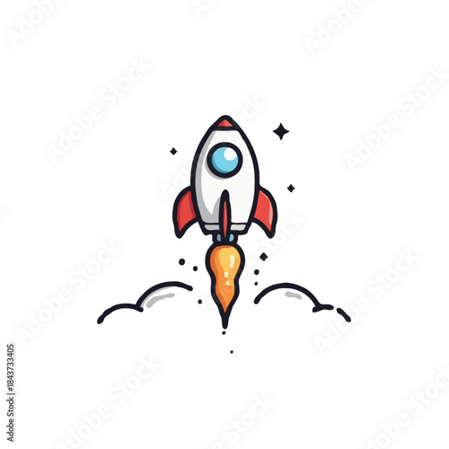Cartoon rocket ship launch with clouds and stars, a symbol of exploration and advancement,