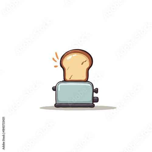 Cartoonish toaster illustration, perfect slice of bread, morning meal idea, representing breakfast