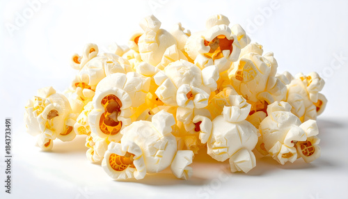 Close up pile popcorn white background snack food movie theater cinema entertainment salty treat texture generative AI