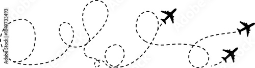This minimalist airplane flight path illustration features dotted travel routes with small airplane silhouettes flying across a clean white background. 
