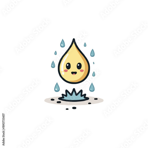 Cute water droplet character in a gentle rain shower symbolizing freshness and purity for branding