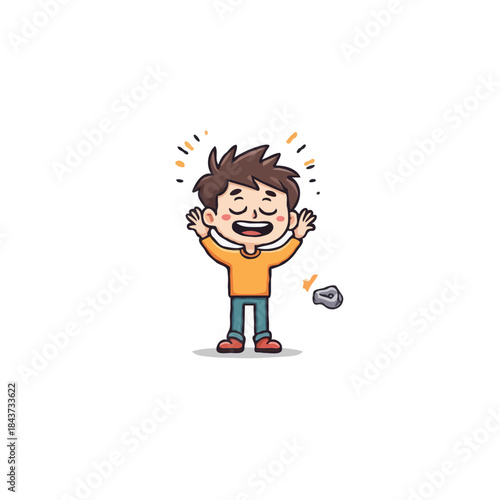 Delighted young boy throwing stone in the air with glee and excitement illustration happy and