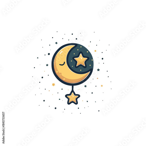 Dreamy celestial illustration: Crescent moon and stars floating serenely against a clean white