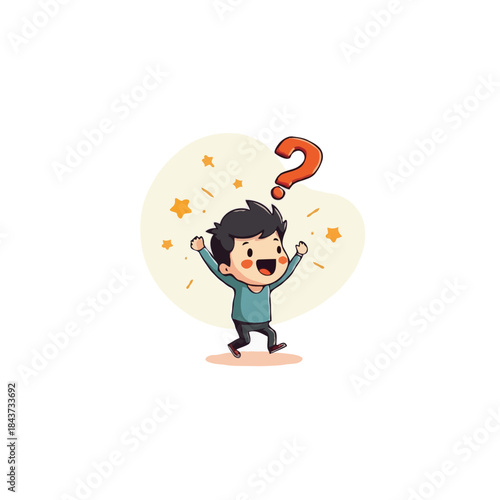 Enthusiastic cartoon boy with question mark celebrating discovery and showcasing academic