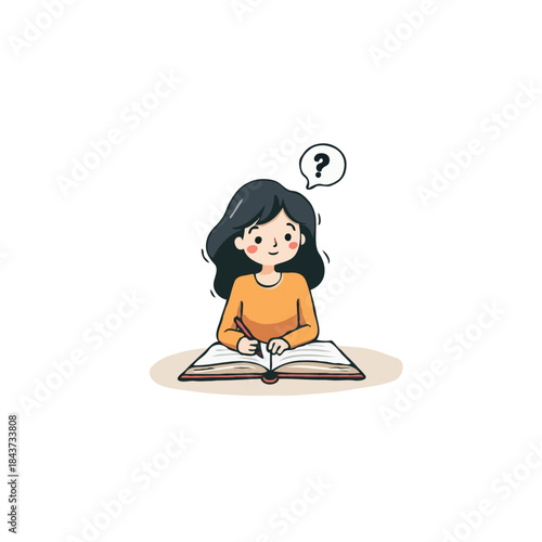 Introspective cartoon girl engrossed in an open book contemplating questions while studying with