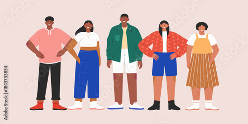 Diverse group of young adults standing together in a flat vector illustration