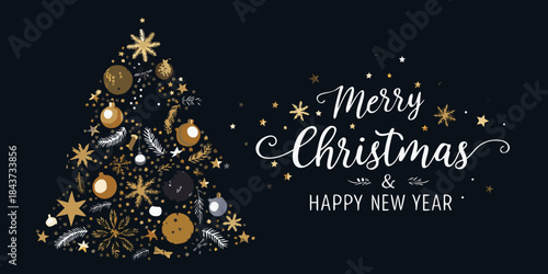 Festive christmas tree illustration with golden ornaments and merry christmas greetings
