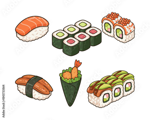 Japanese sushi set with various rolls and nigiri
