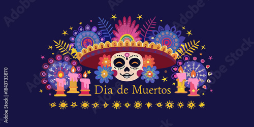 A vibrant dia de muertos illustration with skull flowers and candles