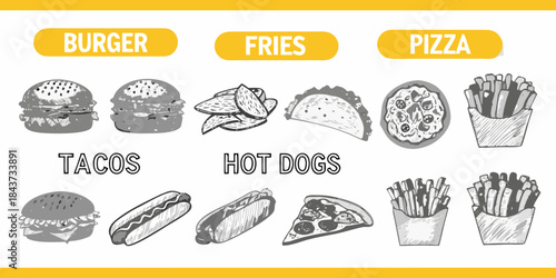 Illustrative collection of popular fast food items burgers pizza tacos and more