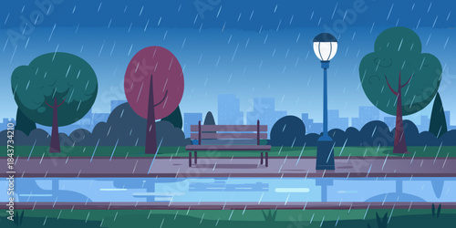 A rainy park scene with a bench trees and a city backdrop