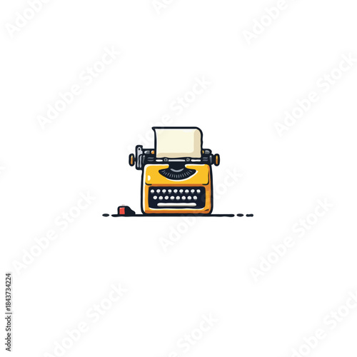 Vintage yellow typewriter illustration on white symbolizing creativity, journalism, storytelling,