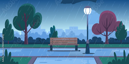 A rainy park scene with a bench street lamp and distant city skyline