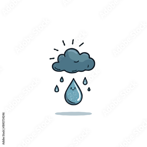 Whimsical depiction of a gloomy cloud with radiating light raining with a joyful raindrop face
