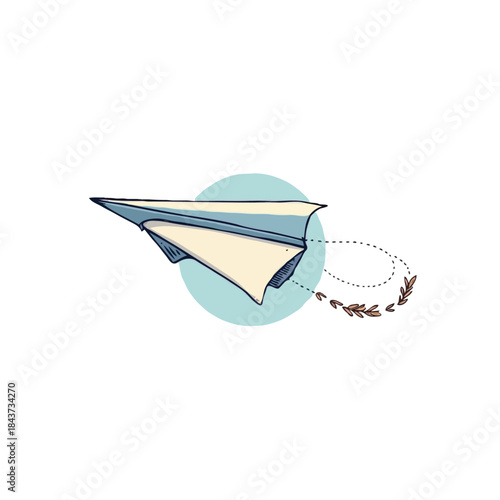 Whimsical paper airplane soars above serene blue, artistic concept of freedom with trailing leafy