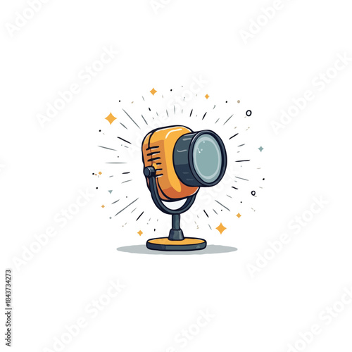 Whimsical retro microphone casting a spotlight beam for entertainment or broadcasting with