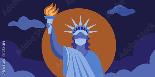 Statue of liberty wearing a mask with a torch in hand freedom
