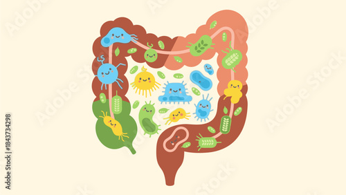 Illustration of the human digestive system with a focus on the intestines and gut health, featuring various microorganisms and a detailed internal view.