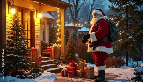 Father Frost, Ded Moroz, winter, gifts, polar bears, holiday, festive, fairytale, magical, fantasy, snowy evening, house exterior, winter night, Christmas atmosphere, New Year, folklore, traditional c