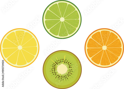Fresh sliced fruits vector set featuring lemon lime orange and kiwi, colorful healthy food illustration icons