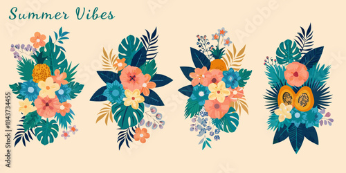 Tropical floral arrangements with lush greenery and vibrant summer colors
