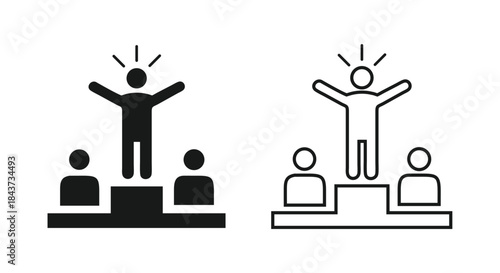 Business leader standing on podium with team members, success and achievement icons