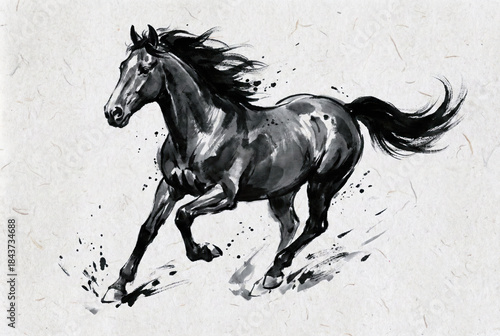Traditional Chinese Ink Painting of Galloping Black Horse for Lunar New Year 2026 Celebration