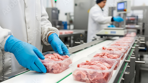 A woman butcher in a uniform and mask works cutting food meat as a skilled occupation